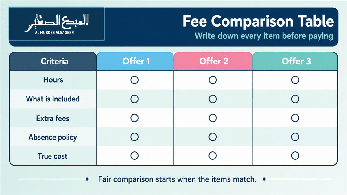 Fee comparison table for nursery offers in Sharjah